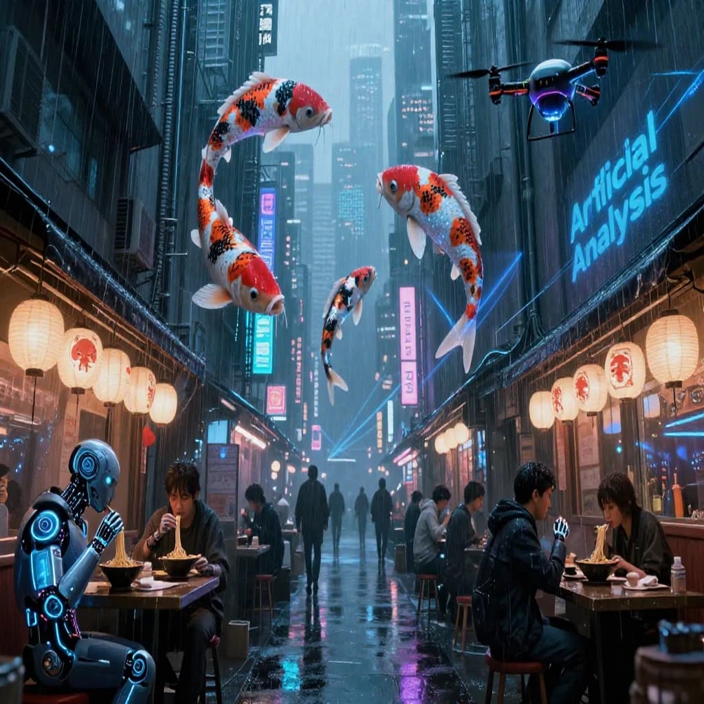 A neon alley in Neo-Tokyo 2142 drips with rain Cybernetic patrons slurp ramen at a stall with their glowing implants humming with blue light. Three giant holographic koi hover 10 metres above the ground and swim across the skyline, one has clipped into a building. A six-prop drone hovers nearby, projecting "Artificial Analysis" onto a wall with blue laser beams visible