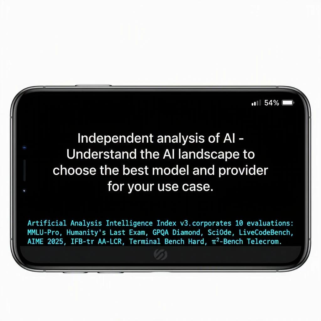 On a black smartphone UI with rounded corners, display a centered text block in white San Francisco font, 16pt: “Independent analysis of AI - Understand the AI landscape to choose the best model and provider for your use case.” Below, in neon cyan, monospace font, smaller size: “Artificial Analysis Intelligence Index v3.0 incorporates 10 evaluations: MMLU-Pro, GPQA Diamond, Humanity's Last Exam, LiveCodeBench, SciCode, AIME 2025, IFBench, AA-LCR, Terminal-Bench Hard, 𝜏²-Bench Telecom.” The second block scrolls horizontally as a ticker. The battery icon in the status bar shows 54%. The Artificial Analysis logo appears faintly, embossed into the bottom navigation bar.