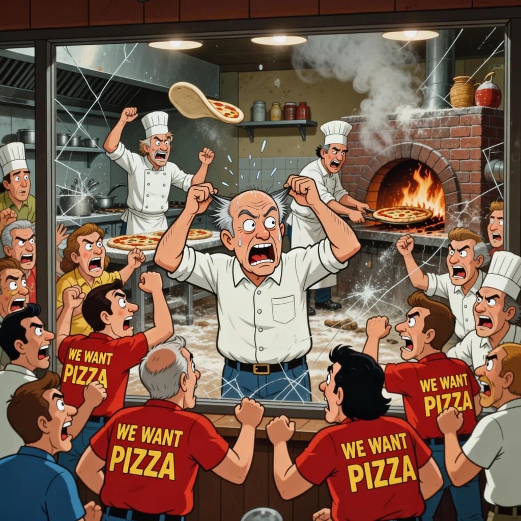 Pasquale is pulling his few remaining hairs out over a disaster at the pizzeria - the cooks are working as fast as they can but the crowds outside are swelling and they demand hot hot pizza! They are banging on the glass and some are wearing "we want pizza" shirts. 1980s western TV animation style.