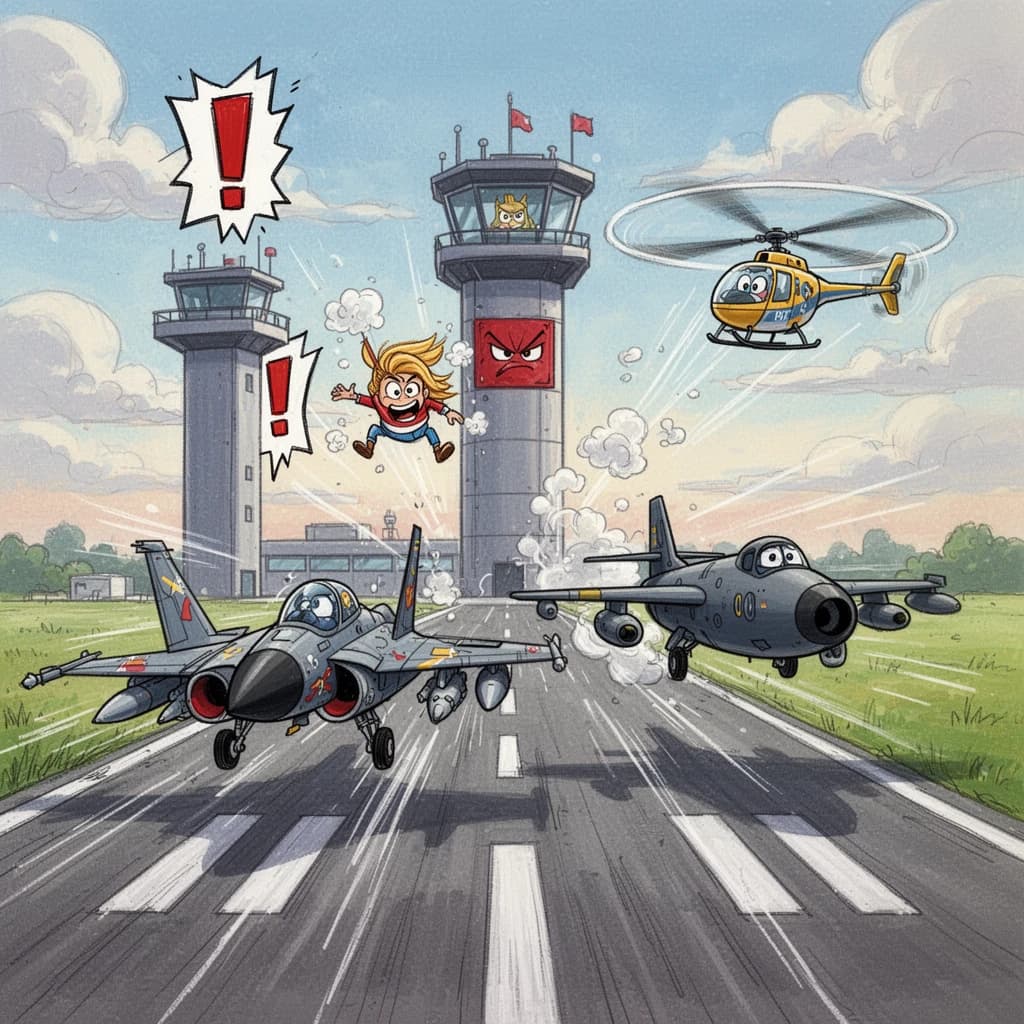 Almost at the runway, Fred the Fighter Jet is racing with Barry the Bomber to see who lands first. Fred has a mischievous trick up his sleeve but Hermione the Helicopter is going to stop him before he gets the chance. The control tower is very angry and has a big exclamation mark. Hand drawn cel look