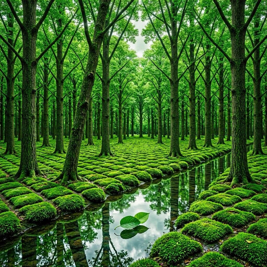 The forest is saturated green, trees identical in height and width, trunks straight, bark texture repeating. One trunk leans diagonally yet the branches remain vertical. The moss is emerald, glistening, though each patch forms identical diamond shapes. A stream runs straight, perfectly linear, water clear, reflecting clouds not visible in the sky. No animals, no insects, but one leaf floats on the water, doubled, showing two overlapping shadows.