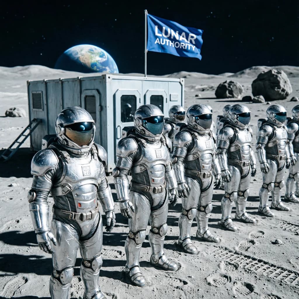 Silver exosuits queue at a dusty lunar checkpoint.
