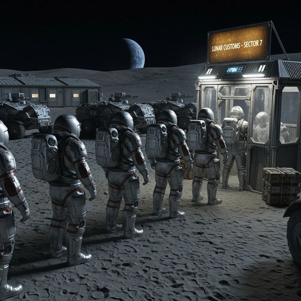 Silver exosuits queue at a dusty lunar checkpoint.