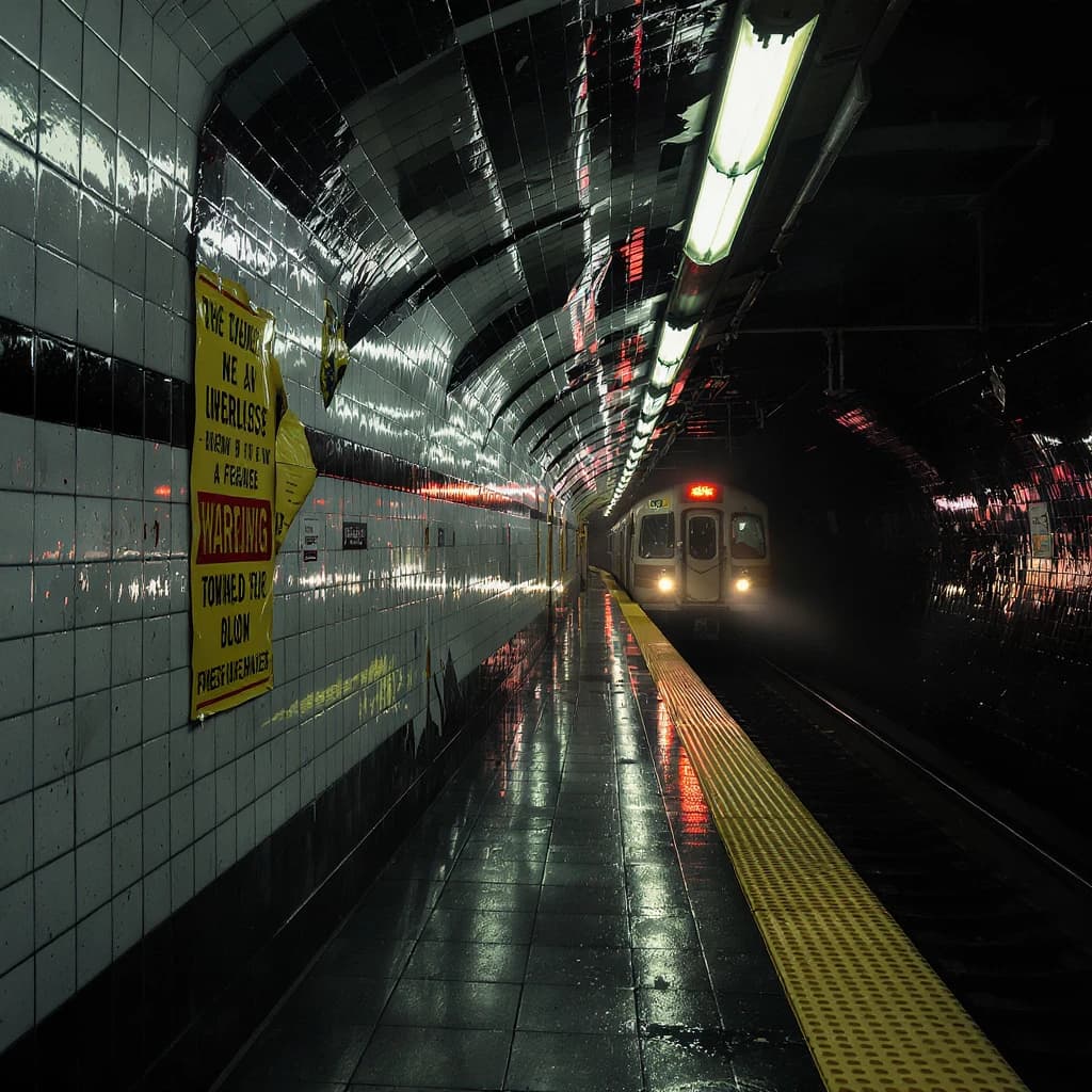 A subterranean subway platform with glossy tiles, peeling posters, flickering fluorescent lights, yellow safety line, and a distant train coming; slightly damp, echoes carry.