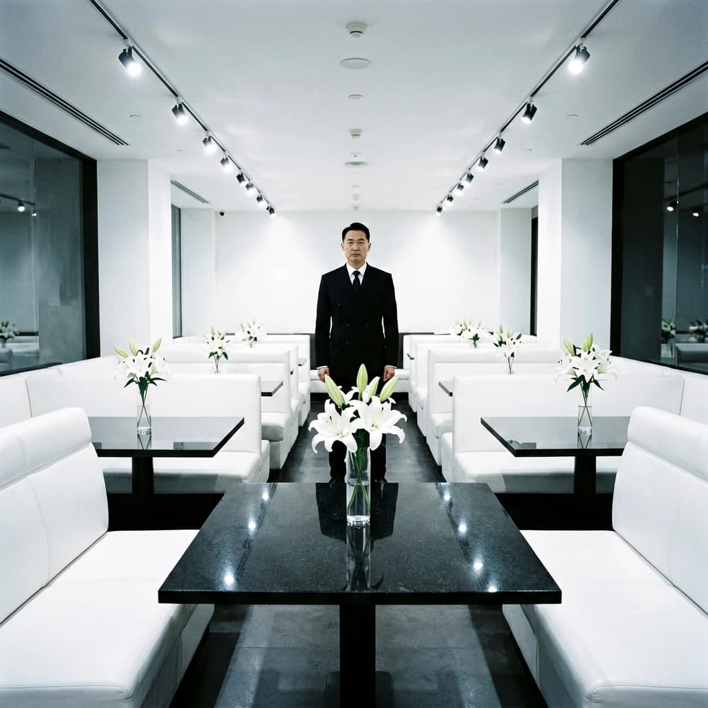 The place is almost empty. The banquettes are covered in white leather, the tables black granite, and the entire room is bathed in halogen track lighting that seems too bright. The maître d’ wears a double-breasted wool crepe jacket. There are lilies on every table.