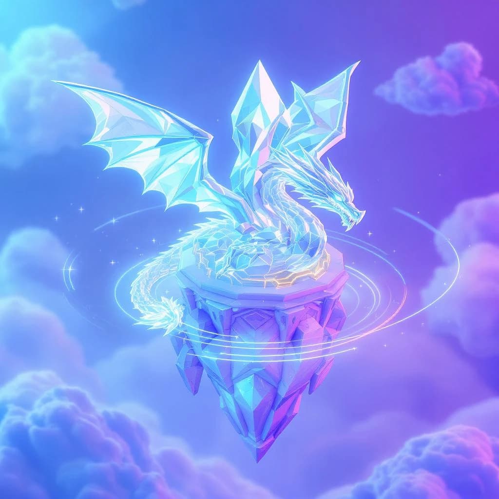 Render an isometric 3D crystal dragon circling a floating tower.