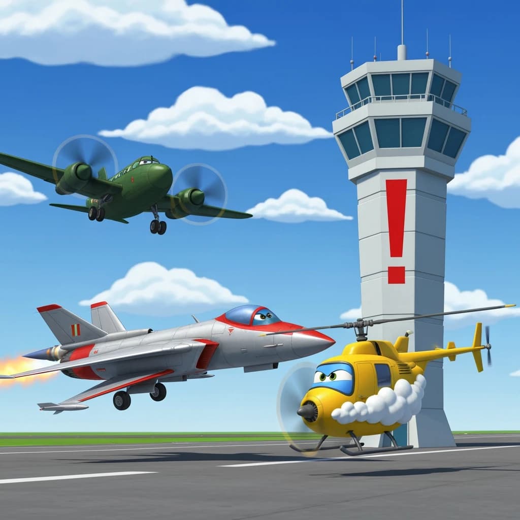 Almost at the runway, Fred the Fighter Jet is racing with Barry the Bomber to see who lands first. Fred has a mischievous trick up his sleeve but Hermione the Helicopter is going to stop him before he gets the chance. The control tower is very angry and has a big exclamation mark. Hand drawn cel look