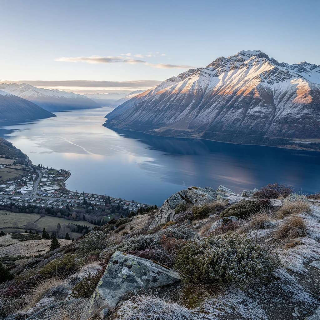 Queenstown's Lake Wakatipu, viewed from the top of Queenstown Hill after a snowstorm just dusted the top of Cecil's Peak