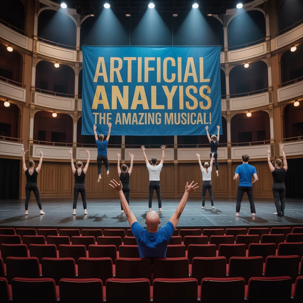The musical troupe do a rehearsal in a large, empty theatre. 9 people are on the stage, half wear black and the others wear blue. The skinny bald director, seated in the second row, is practically leaping out of their seat with excitement as the leads nail their aerial. A giant banner reading "Artificial Analysis: The Amazing Musical!" is behind the actors.