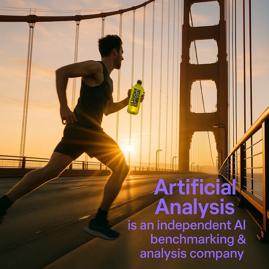 A runner dashes across the Golden Gate Bridge at dawn, sunlight streaming between cables. In their hand, they carry a neon-green sports drink with the brand name Artificial Analysis splashed boldly across the bottle. Motion blur emphasizes speed, while crisp purple sans serif typography overlays the bottom right of the scene with the tagline: Artificial Analysis is an independent AI benchmarking & analysis company