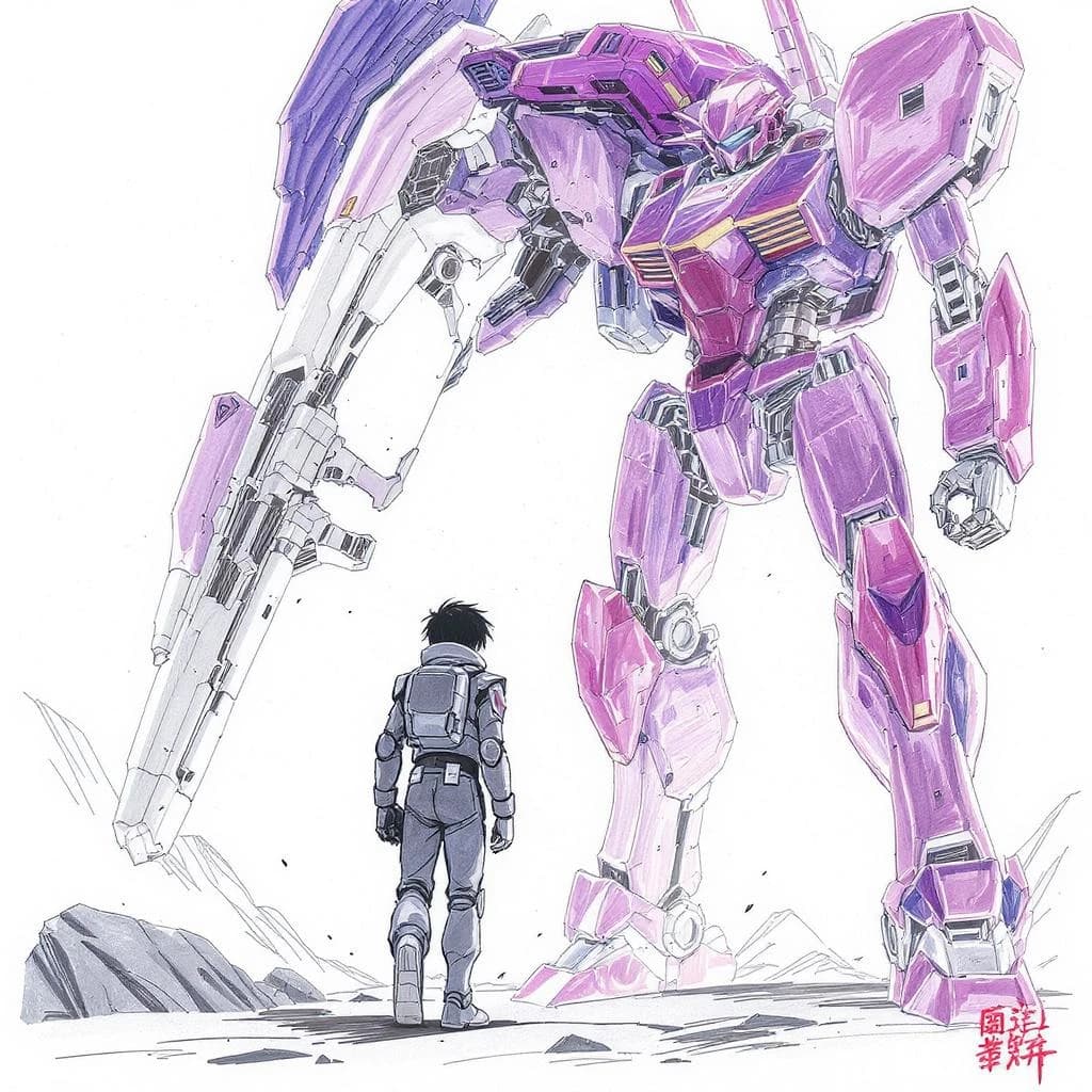 Clad in his body suit up to the neck, young Masa nervously approaches the towering mech with his back facing us. He is nervous for his first time in the field. The mech's bright purple colour scheme contrasts with the grey body suit. The scale of the mech dwarfs Masa. Hand drawn style