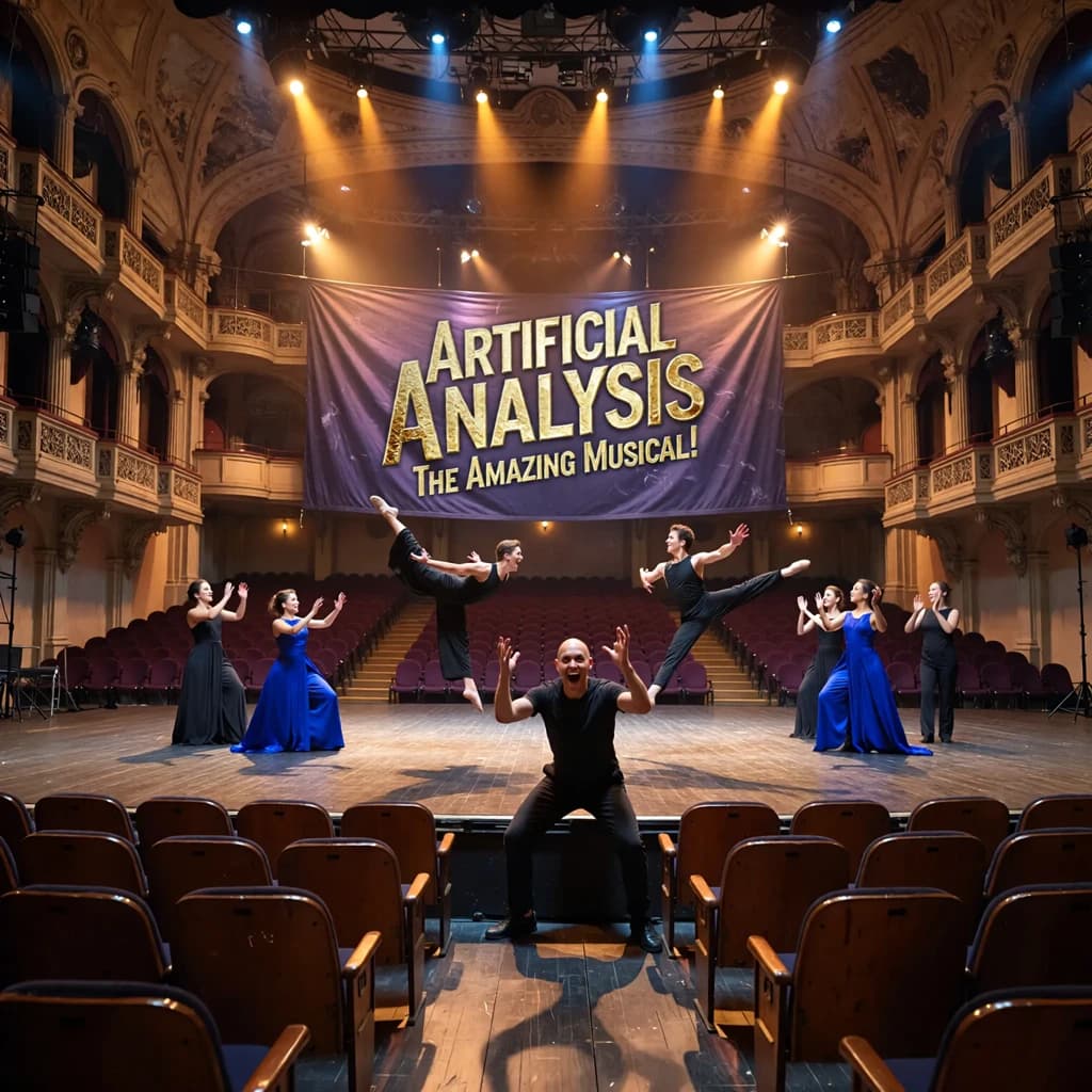 The musical troupe do a rehearsal in a large, empty theatre. 9 people are on the stage, half wear black and the others wear blue. The skinny bald director, seated in the second row, is practically leaping out of their seat with excitement as the leads nail their aerial. A giant banner reading "Artificial Analysis: The Amazing Musical!" is behind the actors.