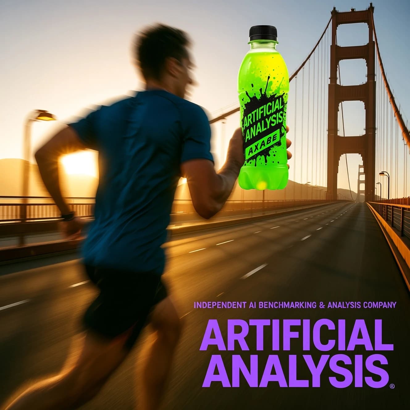 A runner dashes across the Golden Gate Bridge at dawn, sunlight streaming between cables. In their hand, they carry a neon-green sports drink with the brand name Artificial Analysis splashed boldly across the bottle. Motion blur emphasizes speed, while crisp purple sans serif typography overlays the bottom right of the scene with the tagline: Artificial Analysis is an independent AI benchmarking & analysis company