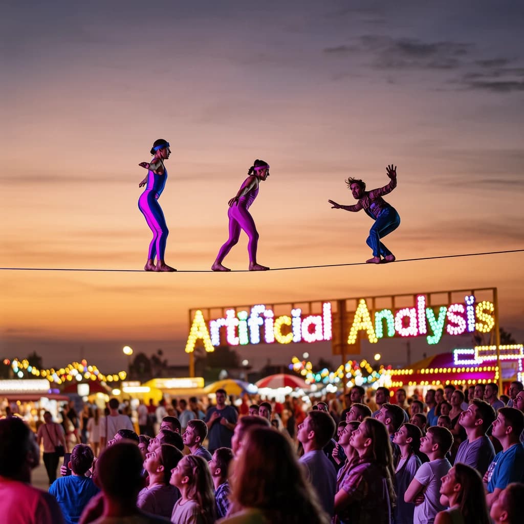 At dusk, high above a carnival crowd, three tightrope walkers balance on a single rope with no aids, one is off balance and grabbing at air. Below, the audience looks upward with baited anticipation. Artificial Analysis is spelled out in the background in carnival lights