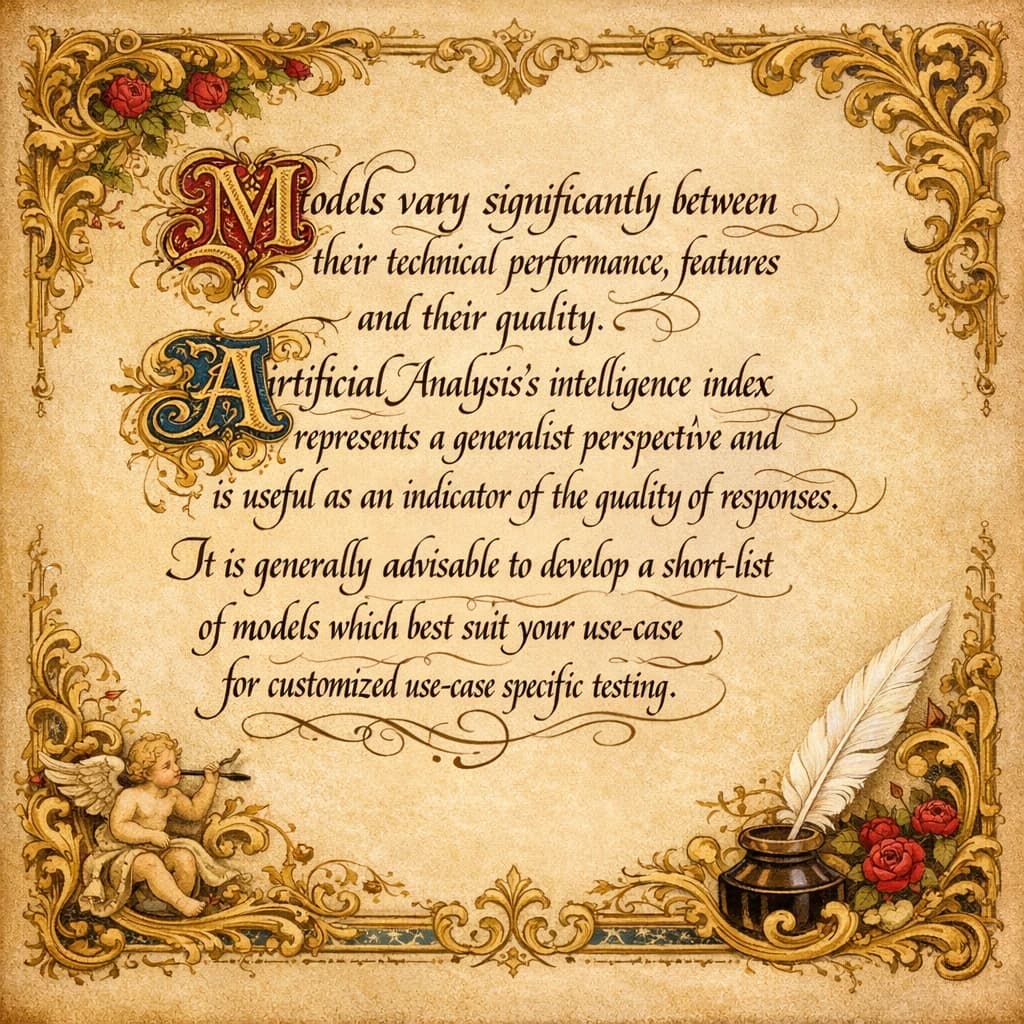 On a flat layout, write in an ornate baroque style "Models vary significantly between their technical performance, features and their quality. Artificial Analysis's intelligence index represents a generalist perspective and is useful as an indicator of the quality of responses. It is generally advisable to develop a short-list of models which best suit your use-case for customized use-case specific testing. "