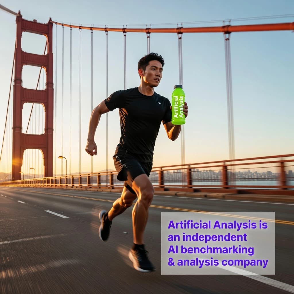 A runner dashes across the Golden Gate Bridge at dawn, sunlight streaming between cables. In their hand, they carry a neon-green sports drink with the brand name Artificial Analysis splashed boldly across the bottle. Motion blur emphasizes speed, while crisp purple sans serif typography overlays the bottom right of the scene with the tagline: Artificial Analysis is an independent AI benchmarking & analysis company