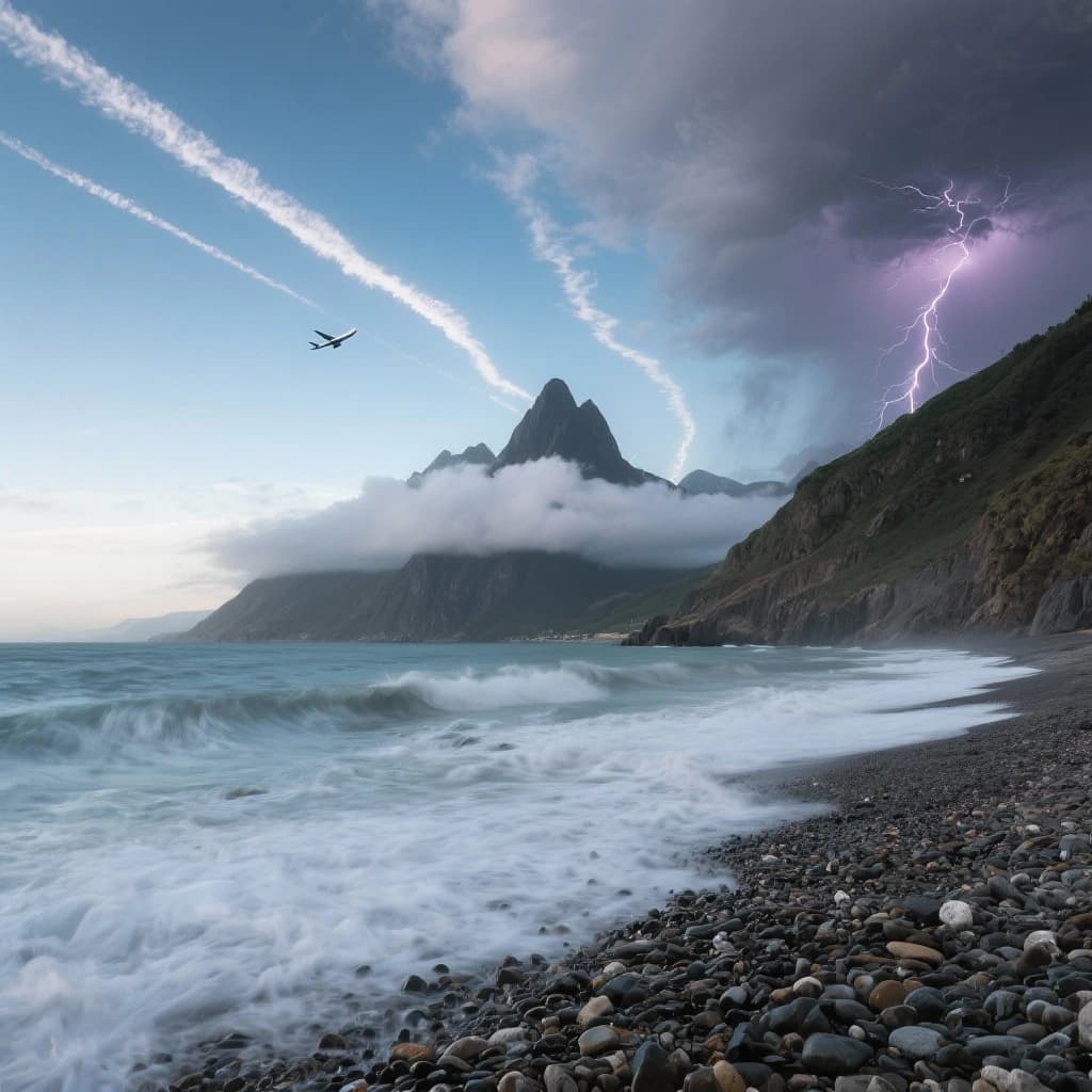 A stunning mountain vista pokes through the cloud top. Contrails from a distant airplane linger in the air. In the foreground there is a stony beach with foamy seas. A thunder storm is visibile in the distant right.