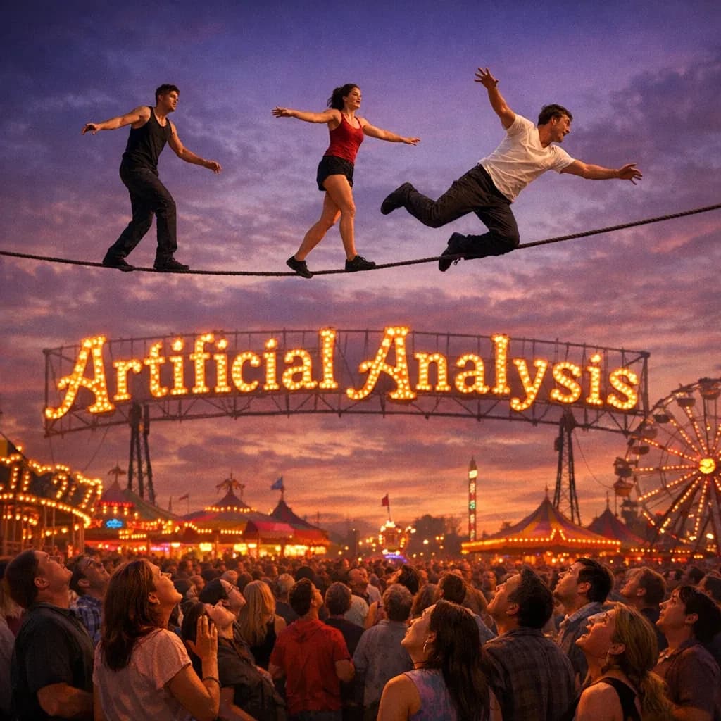 At dusk, high above a carnival crowd, three tightrope walkers balance on a single rope with no aids, one is off balance and grabbing at air. Below, the audience looks upward with baited anticipation. Artificial Analysis is spelled out in the background in carnival lights