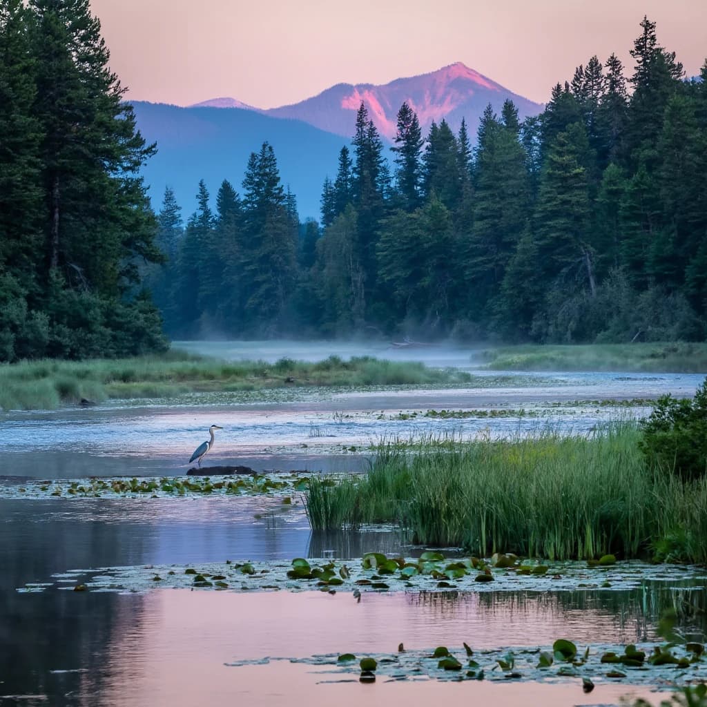 With pre-dawn mist along a cedar forest river and glassy water dotted with lily pads, distant mountains blush pink, and a heron stands still like it forgot what to do next.