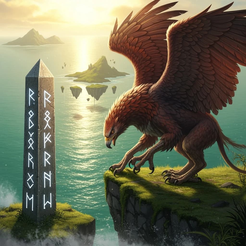 At dawn, a winged griffin lands on a mossy cliff above a jade sea beside a runed obelisk; floating isles drift under golden sunbeams, with a bit of sea spray and glowing runes.