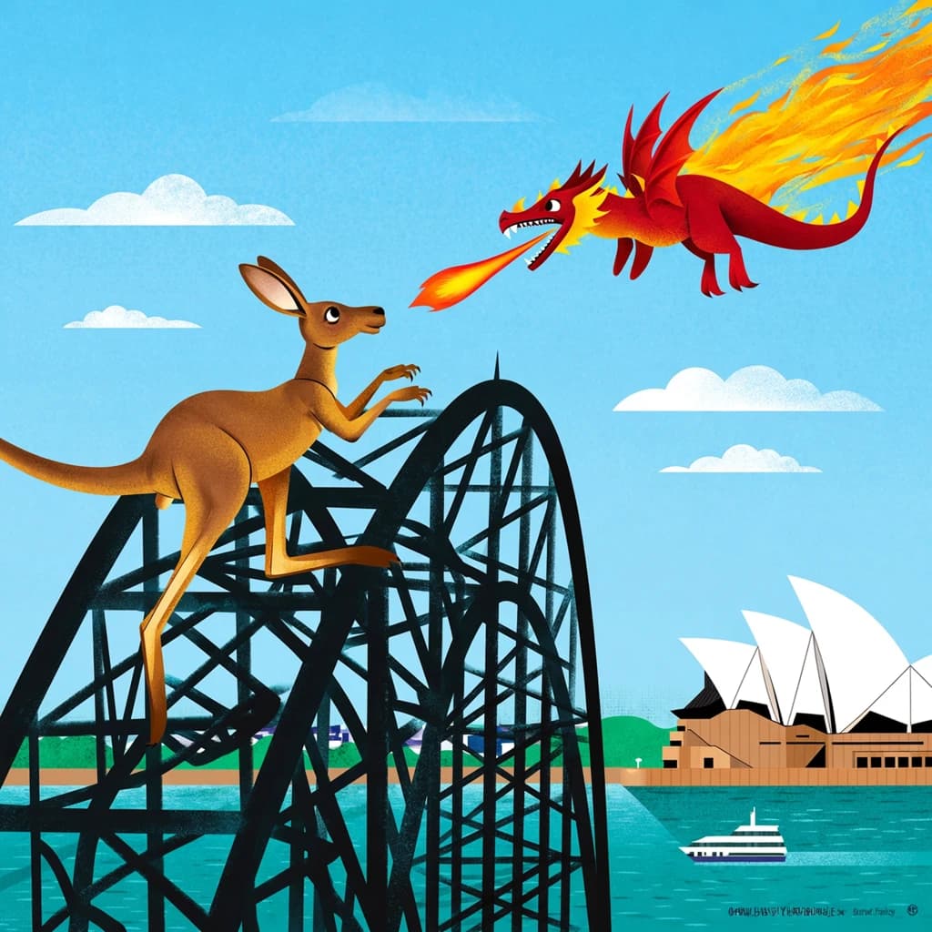 A dragon breathes fire at a kangaroo that is running away by climbing over the top of the Sydney Harbour Bridge. Opera House visible in the background.