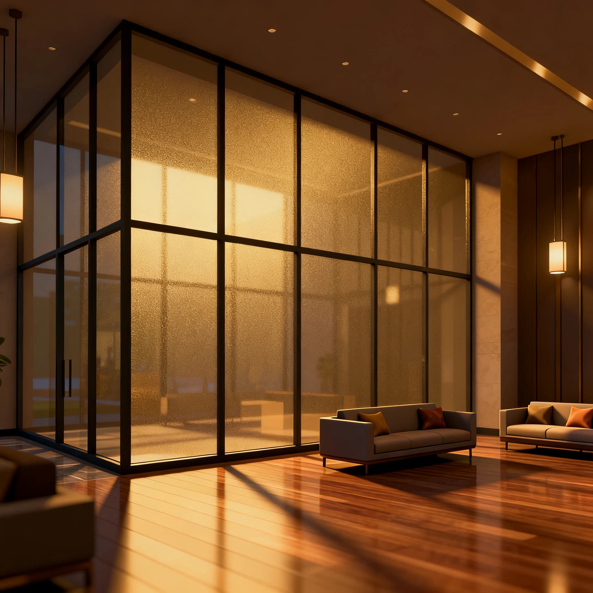 Isometric 3D lobby, glass walls, warm lights, slightly moody, soft shadows.