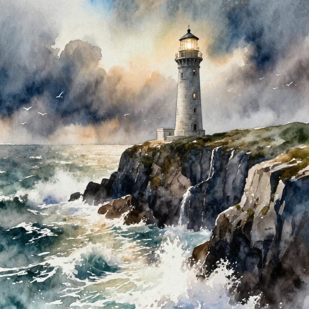 Please paint a watercolor of stormy cliffs and a lighthouse, moody sky.