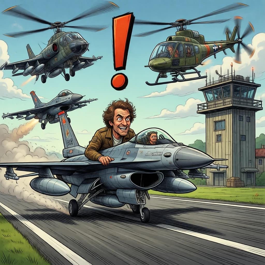 Almost at the runway, Fred the Fighter Jet is racing with Barry the Bomber to see who lands first. Fred has a mischievous trick up his sleeve but Hermione the Helicopter is going to stop him before he gets the chance. The control tower is very angry and has a big exclamation mark. Hand drawn cel look