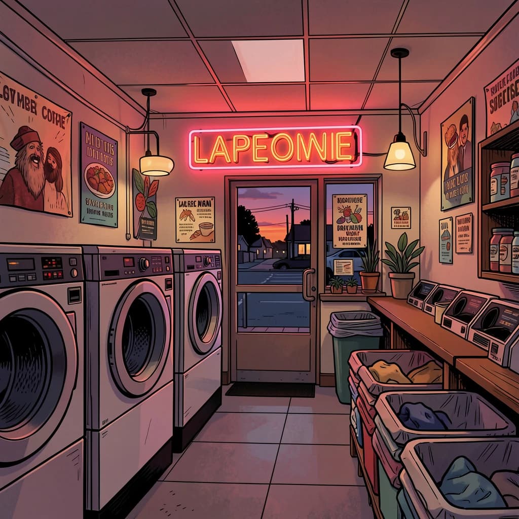 A cozy laundromat at dusk, neon humming, flat colors, bold inked lines.