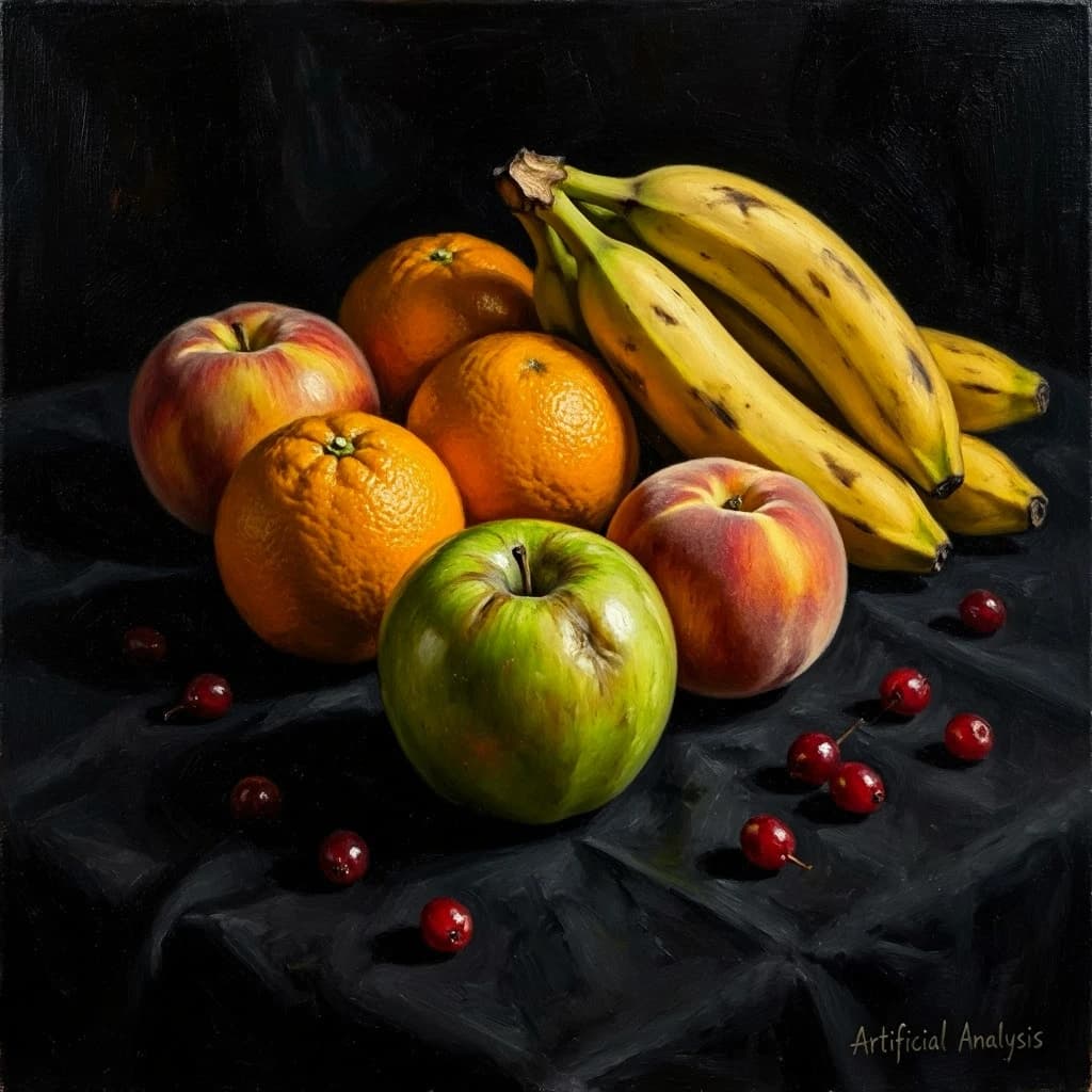 A still life scene painted oil on canvas, comprising various fruits on a black table cloth with striking lighting coming from the right out of frame, creating strong shadows. A bruised green apple is in the foreground, a peach behind it, and behind that a melange of oranges and bananas in various states of ripeness. Berries are strewn in front of the apple. The artist has signed his name "Artificial Analysis" in the bottom right corner in a hurried fashion.