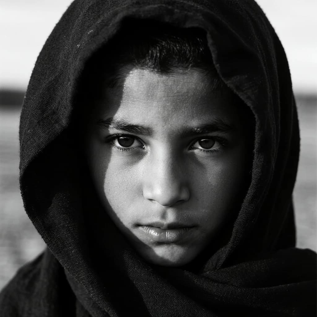 A dramatic black-and-white portrait of a young person draped in a hooded garment, their face framed by the hood's dark folds. Their skin tone and the subtle sheen on their cheeks create striking tonal contrast against the deep shadows. Their eyes are piercing, looking directly into the lens with a calm, steady intensity—neither confrontational nor submissive, but deeply present. The texture of the fabric is visible: it's dense, slightly weathered, and whisper-thin creases catch the light. In the background, an expansive, out-of-focus landscape suggests open space—perhaps distant plains or water—though the details remain soft and abstract. The overall mood is silent yet powerful, poised between vulnerability and resilience, with every highlight and shadow telling part of their story.