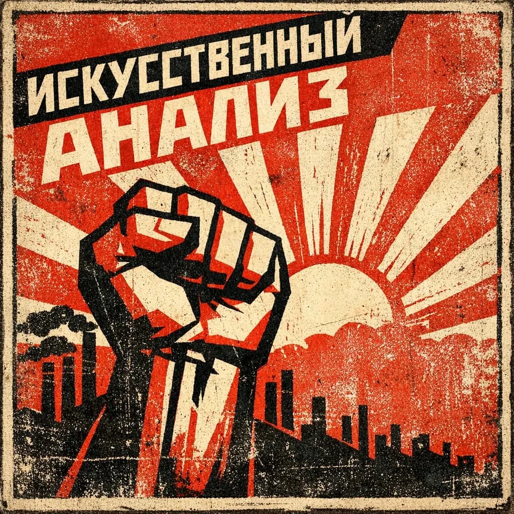 A propaganda poster in stark red, black, and beige. A clenched fist rises in the foreground, rendered with sharp geometric blocks. Behind it, radiating lines stretch upward toward a stylized sun. At the top, bold sans-serif lettering in Cyrillic-inspired type spells out Artificial Analysis, tilted at an angle for emphasis. A factory skyline silhouettes the bottom edge, smoke stacks rising into the background. The texture is rough, printed on aged paper with visible creases and ink bleed. Designed in the constructivist Soviet poster style.