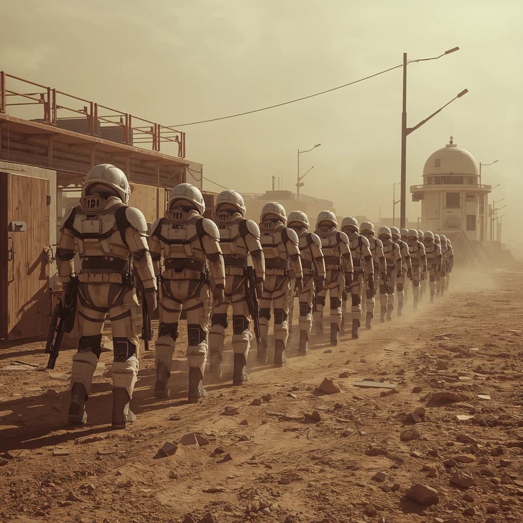 Silver exosuits queue at a dusty lunar checkpoint.