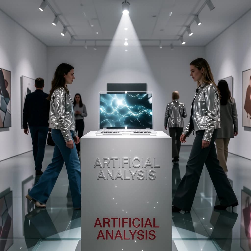 In a spotless gallery space, a pedestal supports a transparent laptop whose screen flickers between static and pristine brand imagery. Shoppers blur past in designer clothes that appear slightly outdated - bell bottoms, metallic jackets. The embossed logo “Artificial Analysis” glints silver, yet its reflection in the glass floor reads in crimson letters. A single spotlight shines, though shadows fall in two directions.
