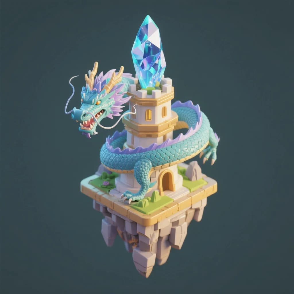 Render an isometric 3D crystal dragon circling a floating tower.