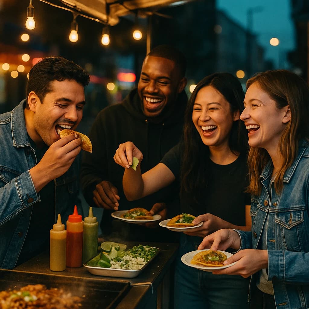 Friends laugh over street tacos at dusk, candid, shallow depth.