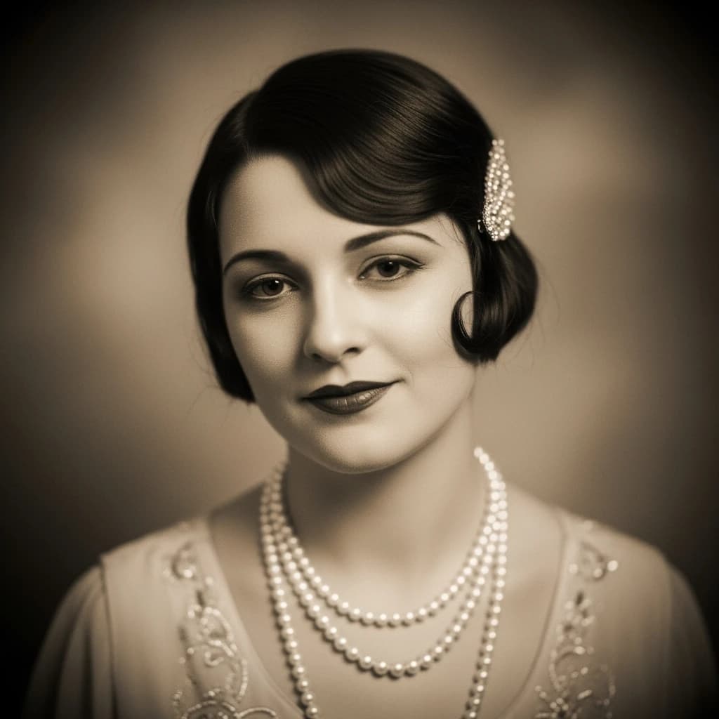 Sepia-toned studio portrait of a flapper with pearl necklace, soft grain.