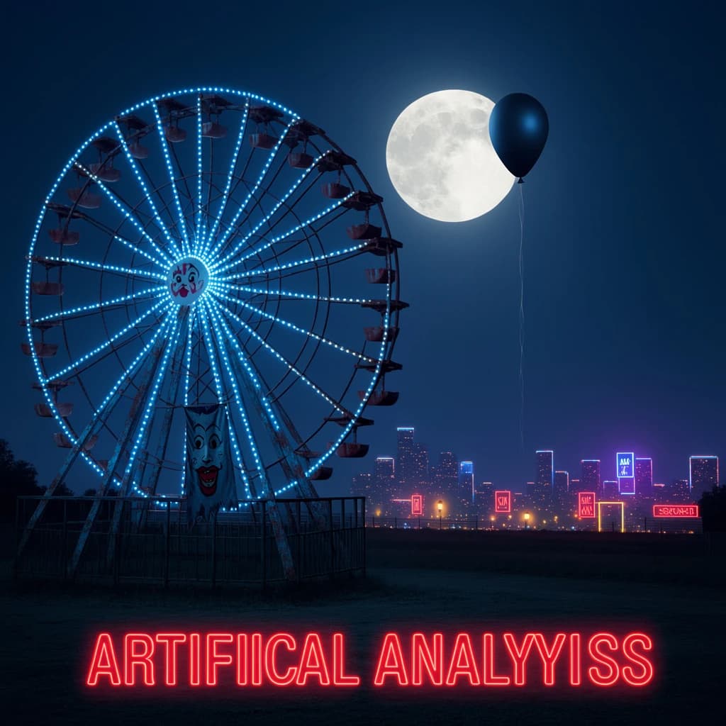 A deserted amusement park glows faintly under a half-moon. The ferris wheel is rusting yet strung with fresh, blinking LED lights. A torn clown banner flaps in a windless air. A lone balloon floats upward, tethered to nothing, while in the far distance city lights flicker on - some neon, some gas lamps as though from another century. 'Artificial Analysis' glows in neon