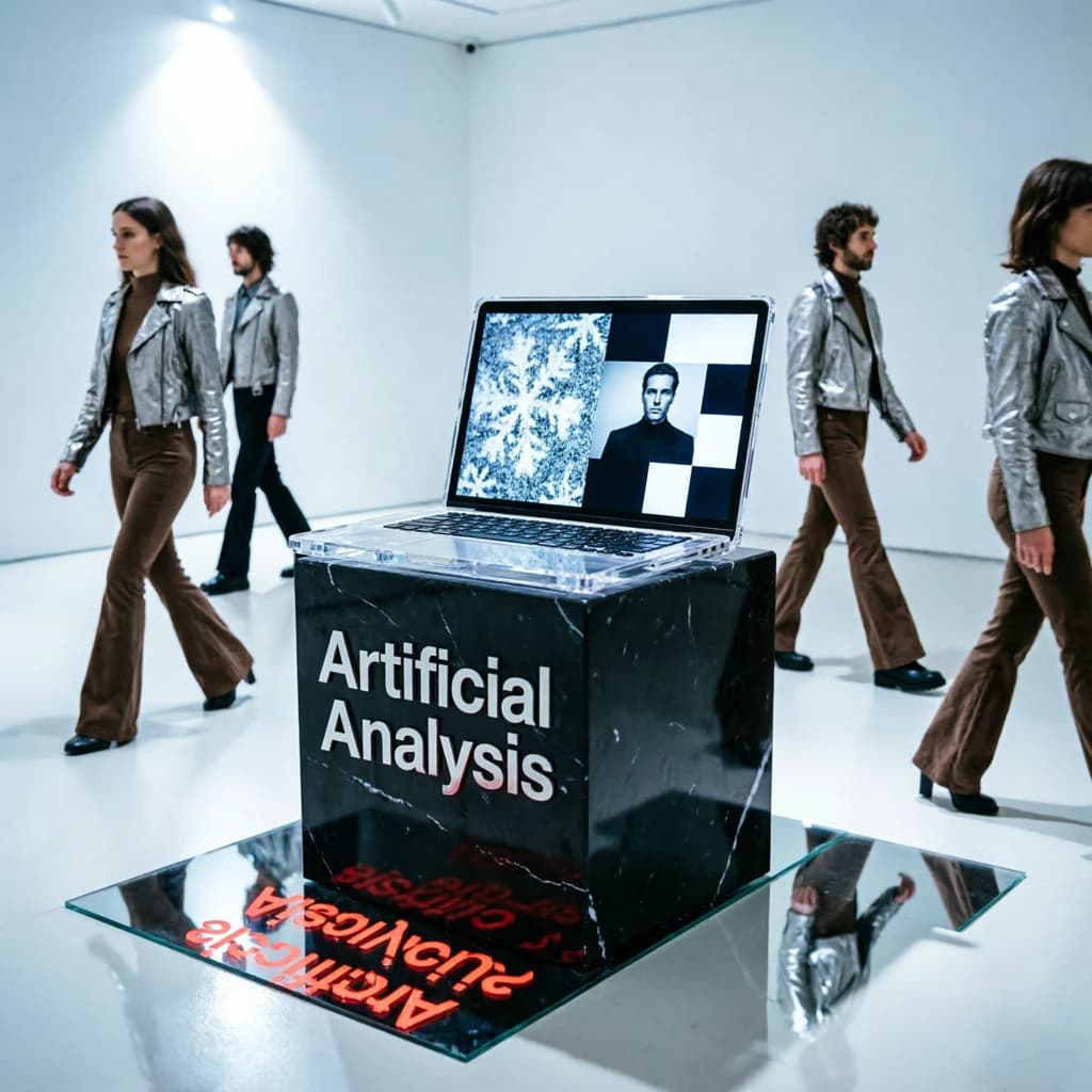 In a spotless gallery space, a pedestal supports a transparent laptop whose screen flickers between static and pristine brand imagery. Shoppers blur past in designer clothes that appear slightly outdated - bell bottoms, metallic jackets. The embossed logo “Artificial Analysis” glints silver, yet its reflection in the glass floor reads in crimson letters. A single spotlight shines, though shadows fall in two directions.
