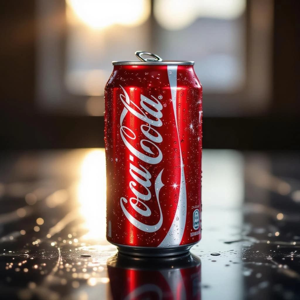 A close-up ad shot of sparkling soda can on glossy acrylic, harsh top light.