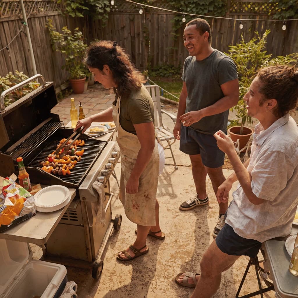 Friends grill skewers on a slightly messy patio.