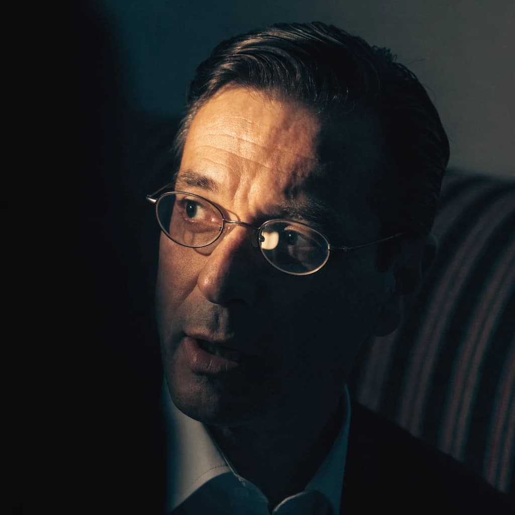 A sharply lit portrait of a middle-aged man wearing thin-rimmed glasses and a dark jacket over a white collared shirt. He gazes intently to the side, his face half illuminated by warm light while the background recedes into deep shadow. The expression is thoughtful, almost wary, as if caught mid-conversation. Behind him, a striped cushion in muted reds and blacks adds subtle texture, contrasting with the crisp highlights on his forehead and glasses. The overall mood is contemplative and cinematic, balancing warmth with tension.