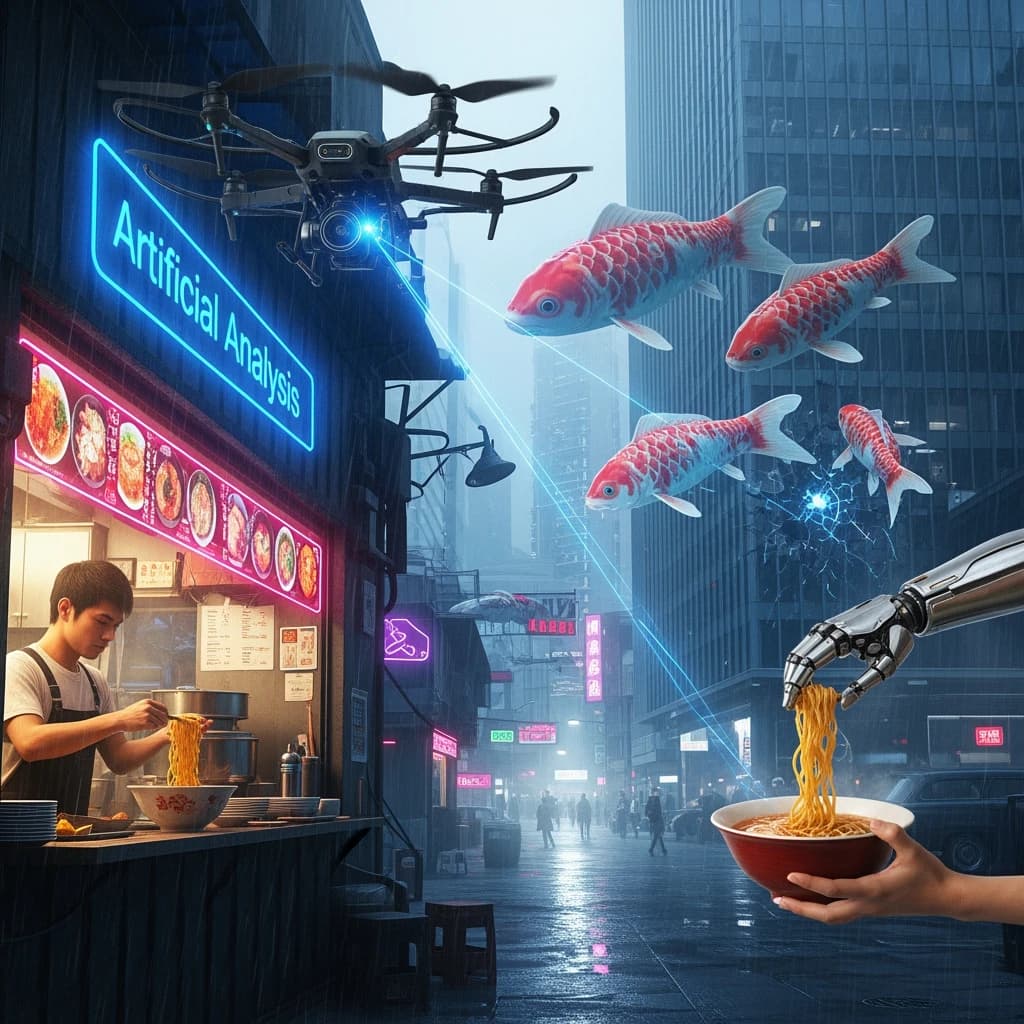 A neon alley in Neo-Tokyo 2142 drips with rain Cybernetic patrons slurp ramen at a stall with their glowing implants humming with blue light. Three giant holographic koi hover 10 metres above the ground and swim across the skyline, one has clipped into a building. A six-prop drone hovers nearby, projecting "Artificial Analysis" onto a wall with blue laser beams visible