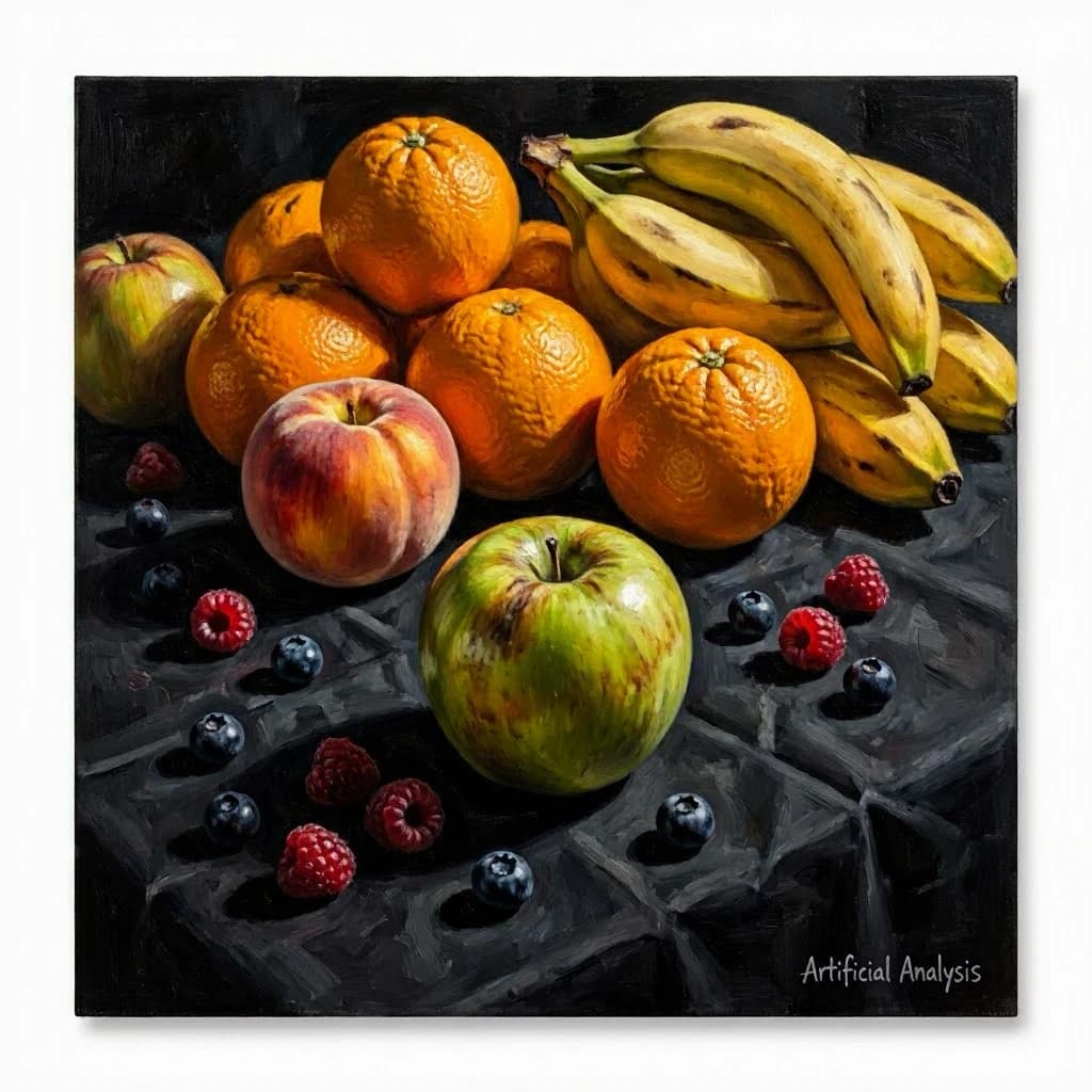 A still life scene painted oil on canvas, comprising various fruits on a black table cloth with striking lighting coming from the right out of frame, creating strong shadows. A bruised green apple is in the foreground, a peach behind it, and behind that a melange of oranges and bananas in various states of ripeness. Berries are strewn in front of the apple. The artist has signed his name "Artificial Analysis" in the bottom right corner in a hurried fashion.