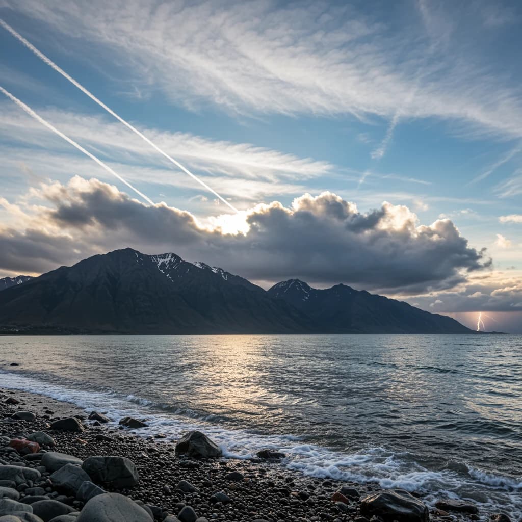 A stunning mountain vista pokes through the cloud top. Contrails from a distant airplane linger in the air. In the foreground there is a stony beach with foamy seas. A thunder storm is visibile in the distant right.