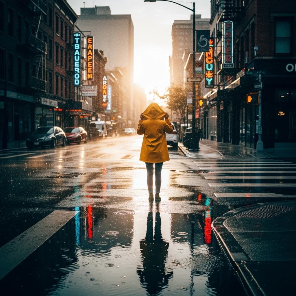 A sunlit city street after rain; puddles mirror neon signs as a woman in a yellow raincoat waits at a crosswalk, soft mist, 50mm look, natural tones, a bit of film grain.