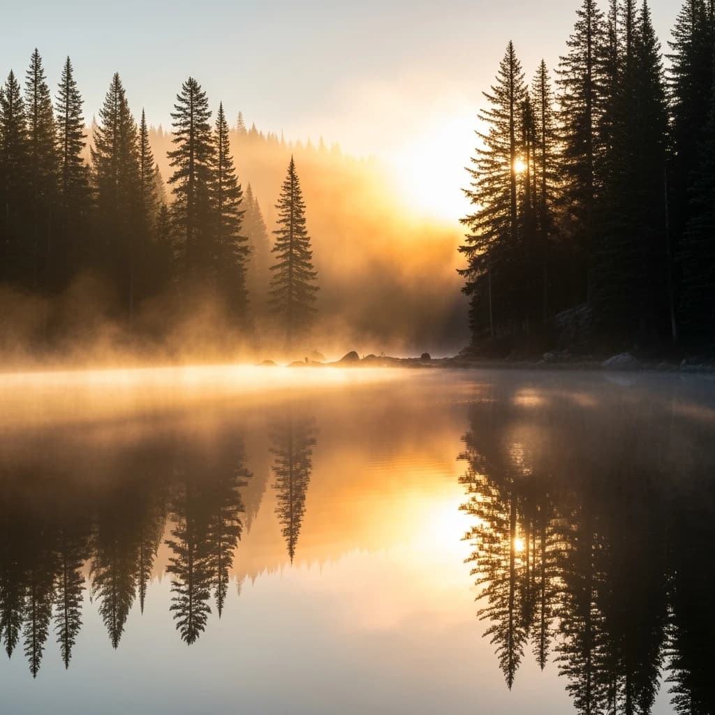 I want a photo of a misty alpine lake at dawn, pines, glassy water, warm light.