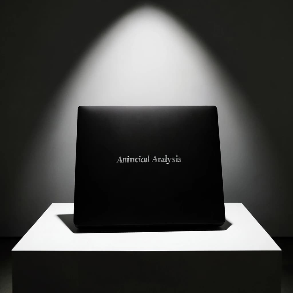 A premium matte black laptop-sized box rests on a pure white pedestal within a gallery space. Overhead, a single spotlight carves sharp contrast, leaving the edges in deep shadow. The brand name Artificial Analysis is embossed in silver foil, glinting faintly as though it were jewelry.