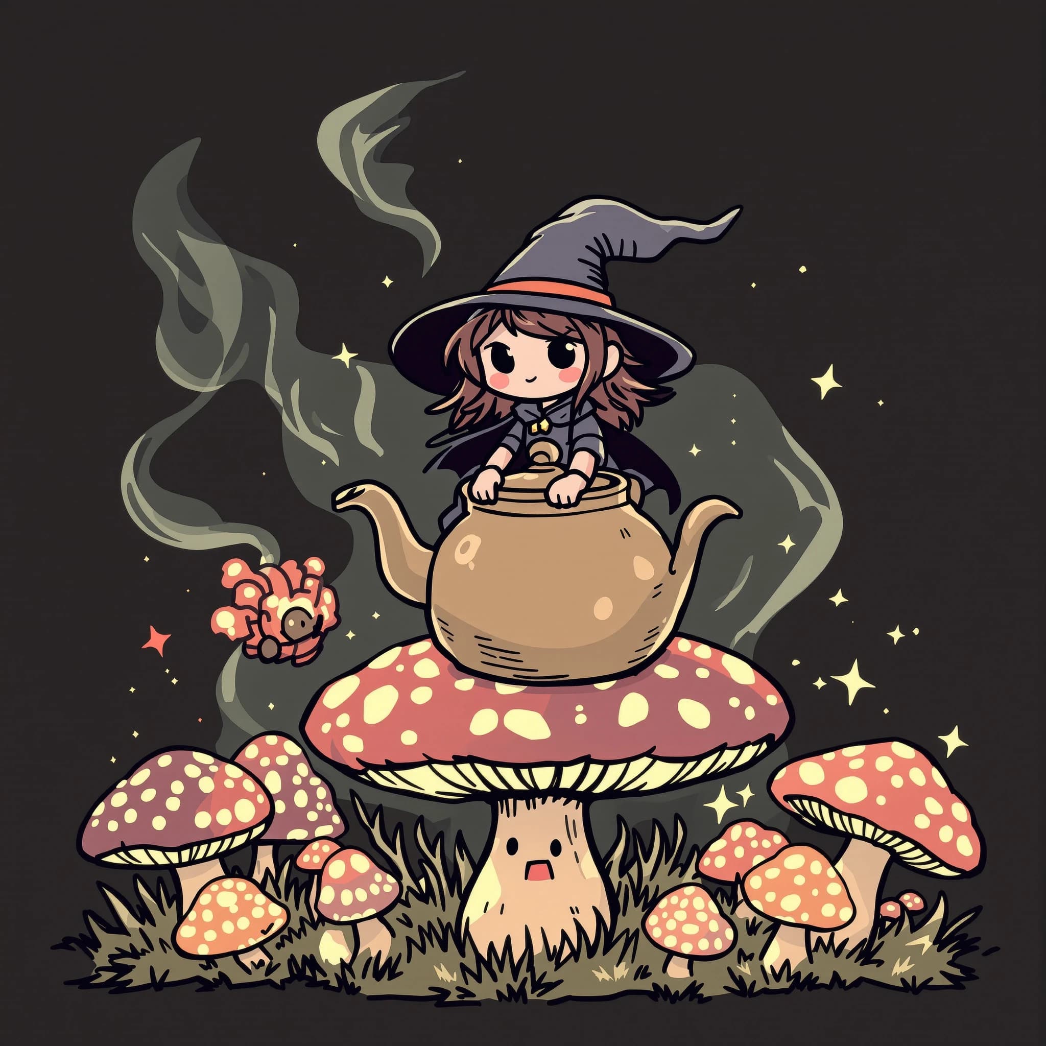 A tiny witch rides a teapot over glowing mushrooms, a bit chibi, thick lines.