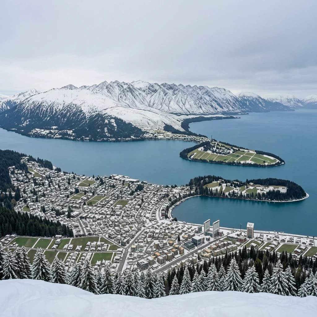 Queenstown's Lake Wakatipu, viewed from the top of Queenstown Hill after a snowstorm just dusted the top of Cecil's Peak